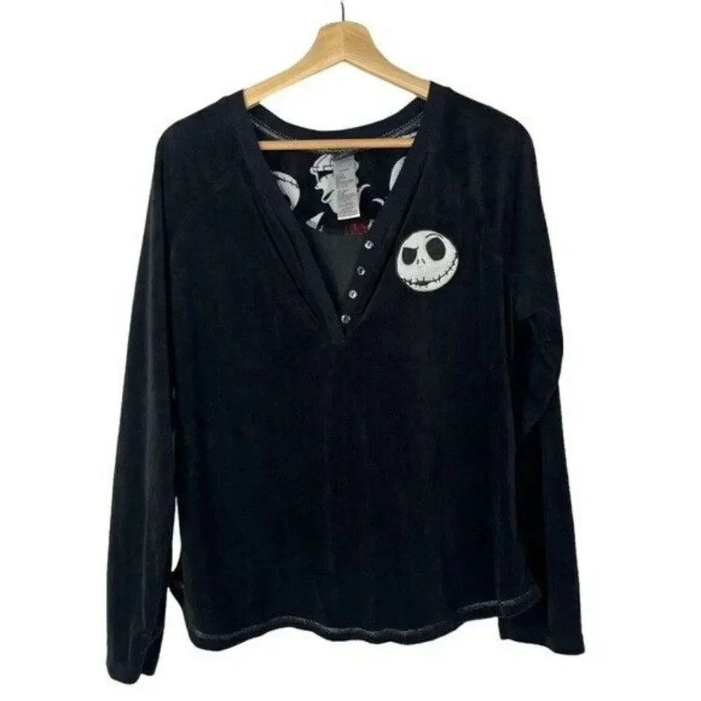 Disney Nightmare Before Christmas Black Velour Long Sleeve Top L